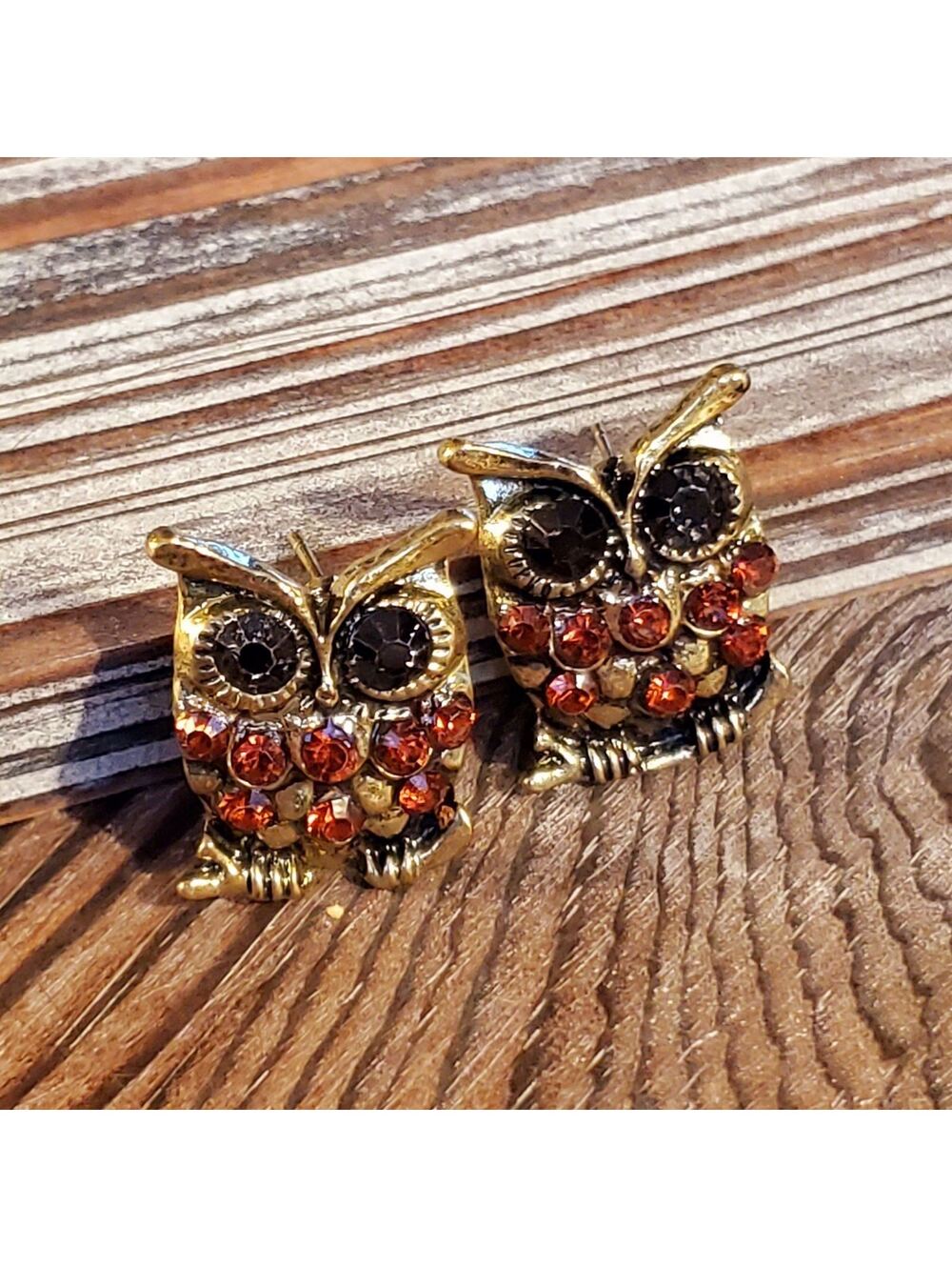 Surprised Owl Bronze Vintage 90s Y2K New Crystal Stud Earrings Amber Orange